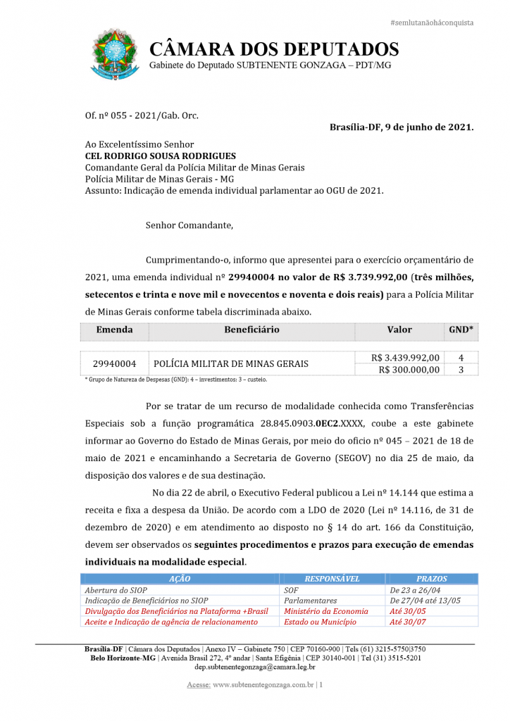 Deputado Federal Subtenente Gonzaga repasse p PM